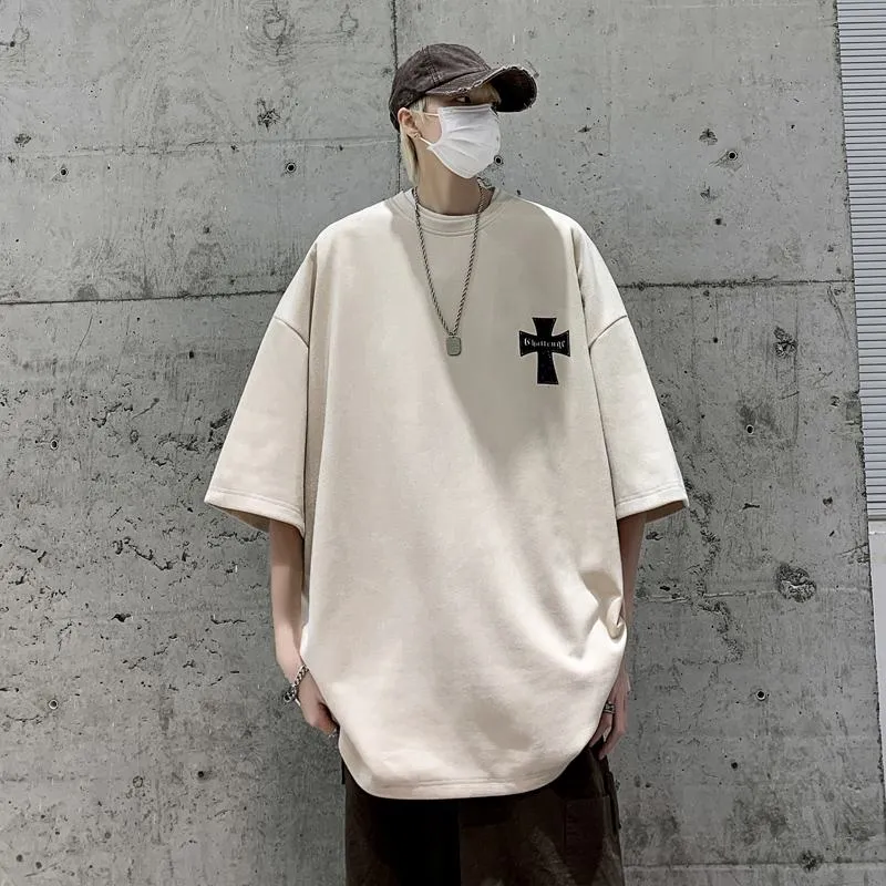 Drop Shoulder Suede Elasticity Versatile Simplicity Print Round Neck Short Sleeve Tee