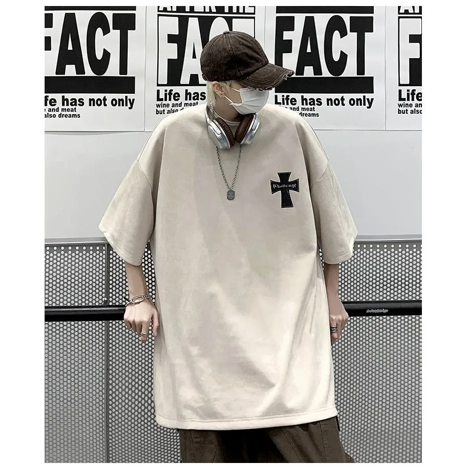 Drop Shoulder Suede Elasticity Versatile Simplicity Print Round Neck Short Sleeve Tee