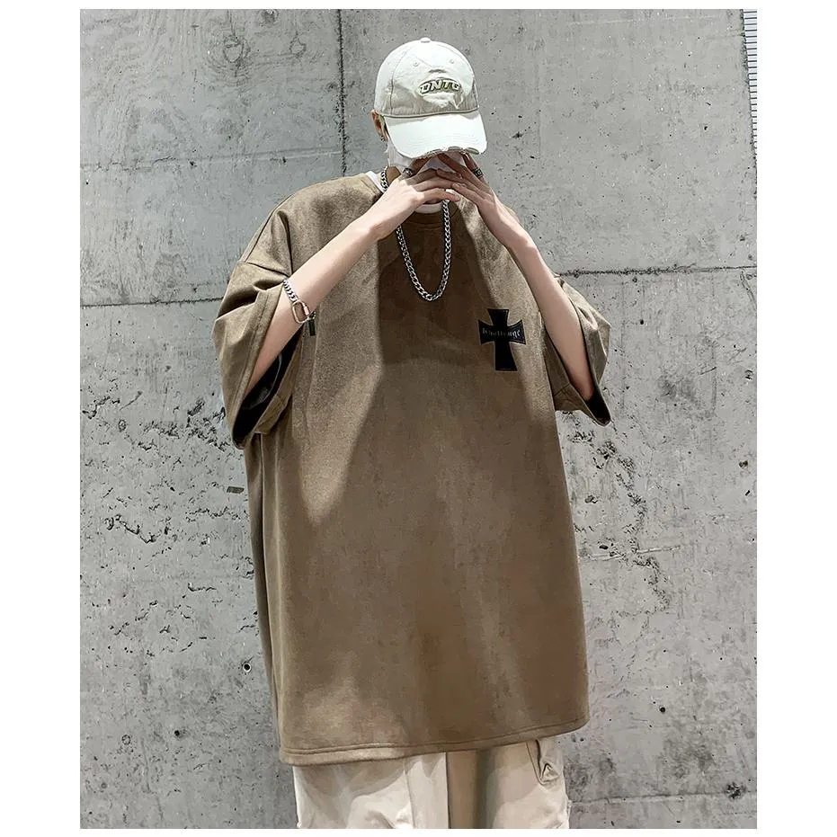 Drop Shoulder Suede Elasticity Versatile Simplicity Print Round Neck Short Sleeve Tee