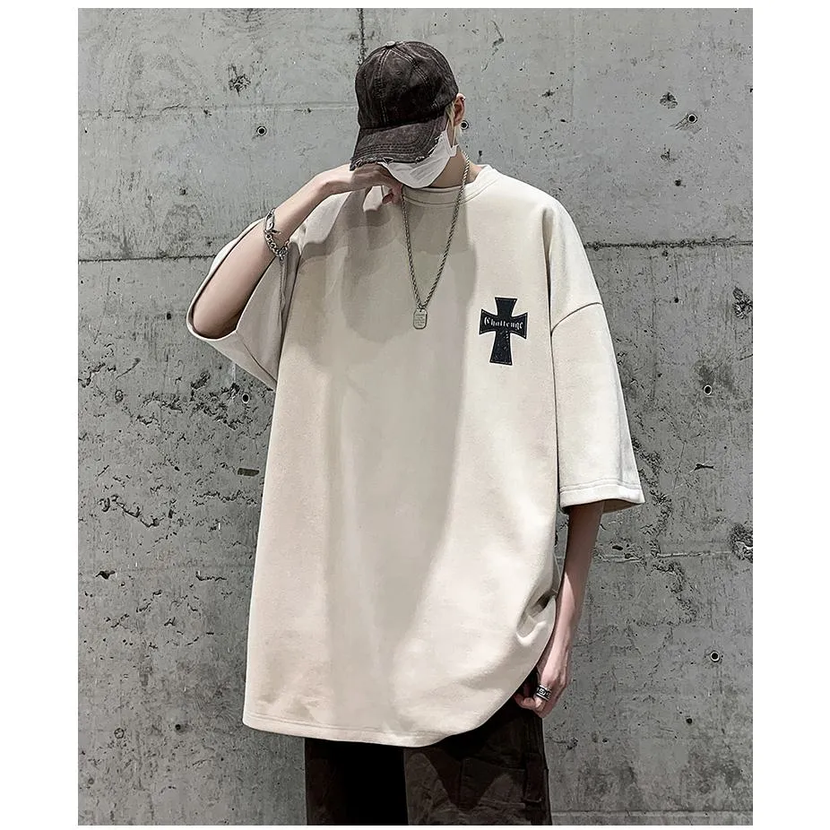 Drop Shoulder Suede Elasticity Versatile Simplicity Print Round Neck Short Sleeve Tee