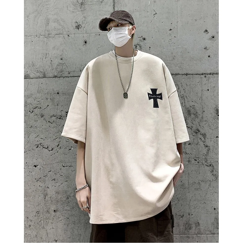 Drop Shoulder Suede Elasticity Versatile Simplicity Print Round Neck Short Sleeve Tee