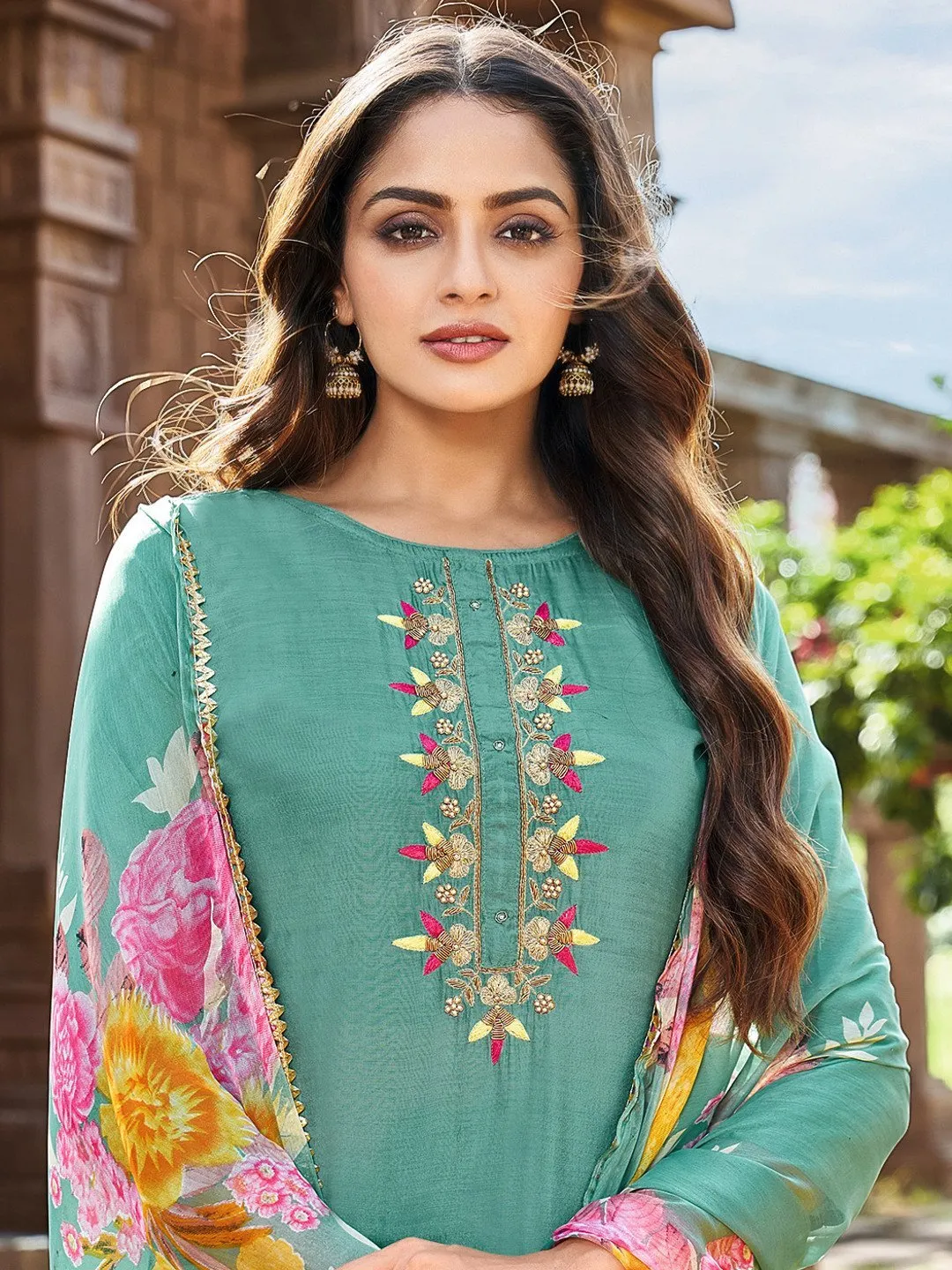 Embroidered Green Unstitched Cotton Suit