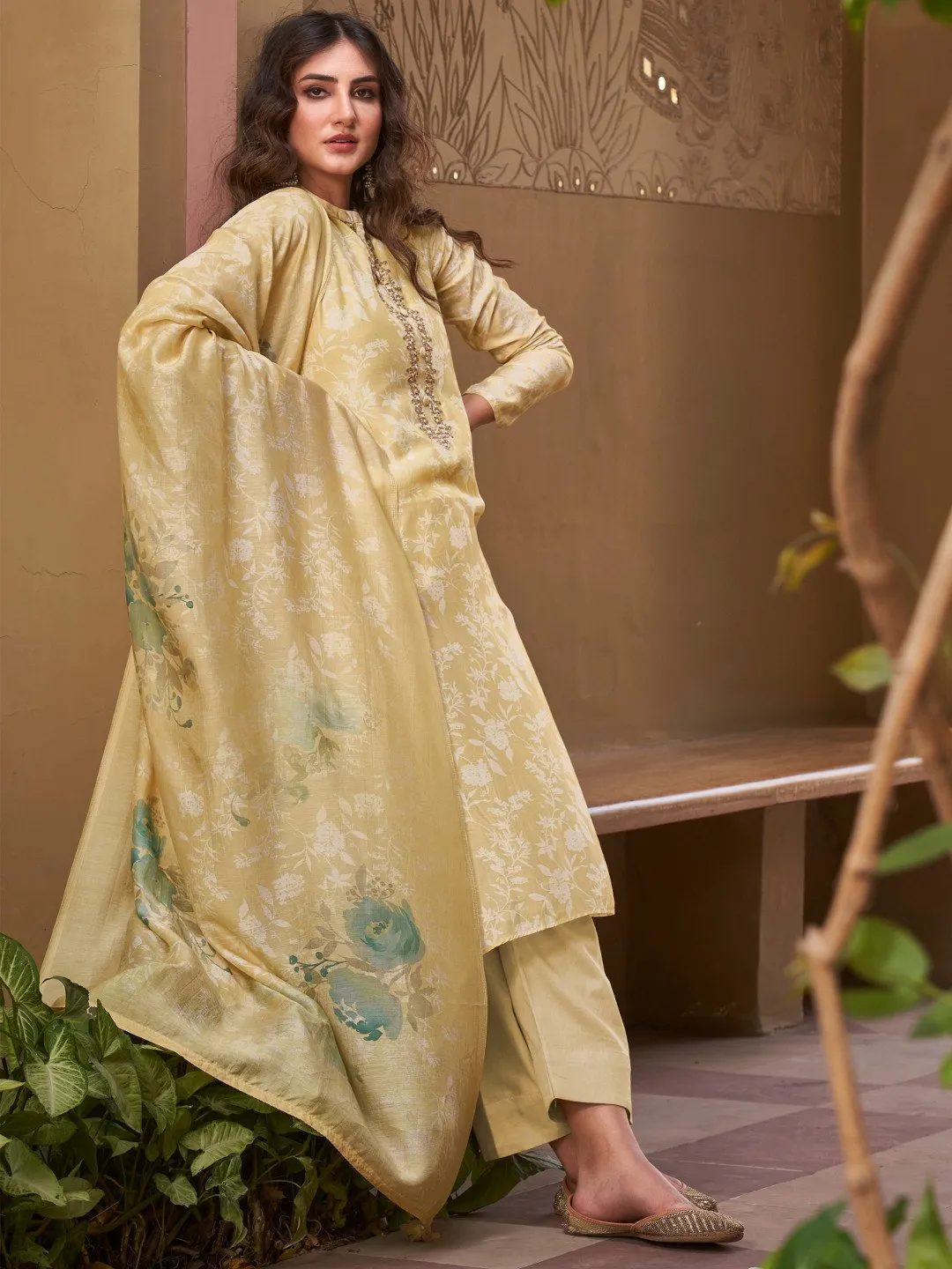 Embroidered Yellow Cotton Un-Stitched Suit for Ladies