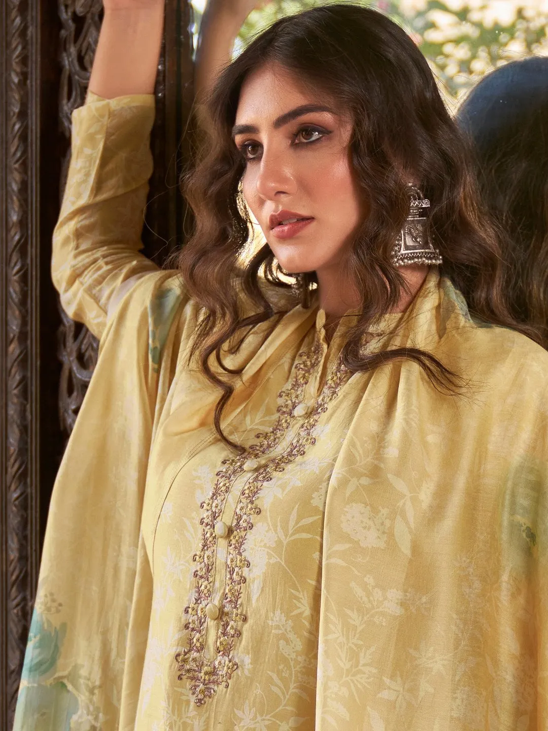 Embroidered Yellow Cotton Un-Stitched Suit for Ladies