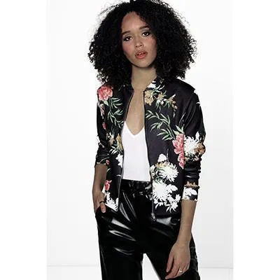 Fashion Floral  Print Women Basic Coats Autumn Winter Bomber Jacket Long Sleeve Casual Basic Jackets jaqueta feminina (US 10-18W)