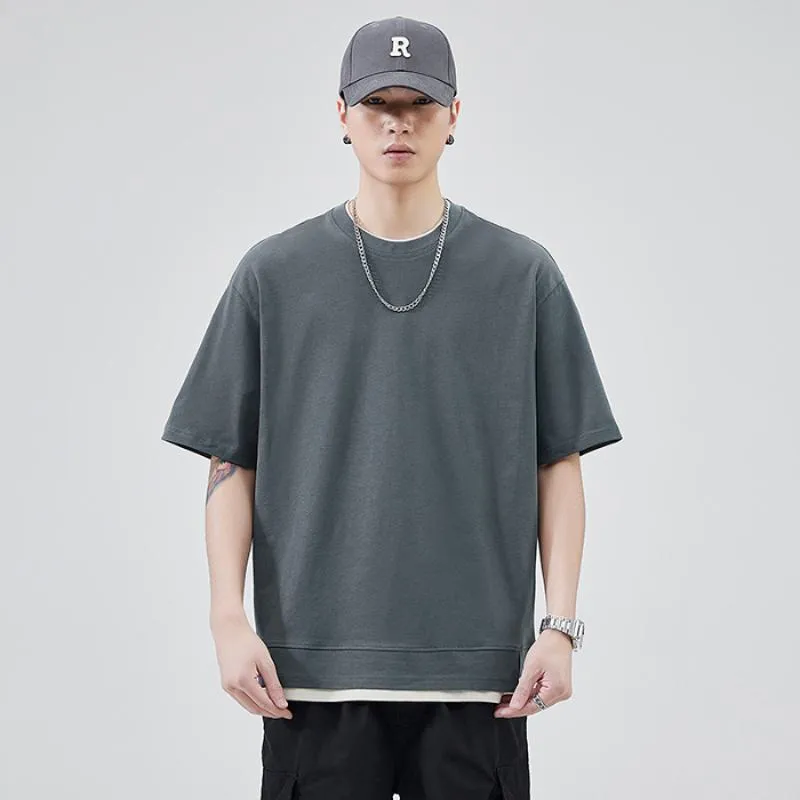 Faux Two-Piece Versatile Round Neck Simplicity Pure Cotton Short Sleeve Tee