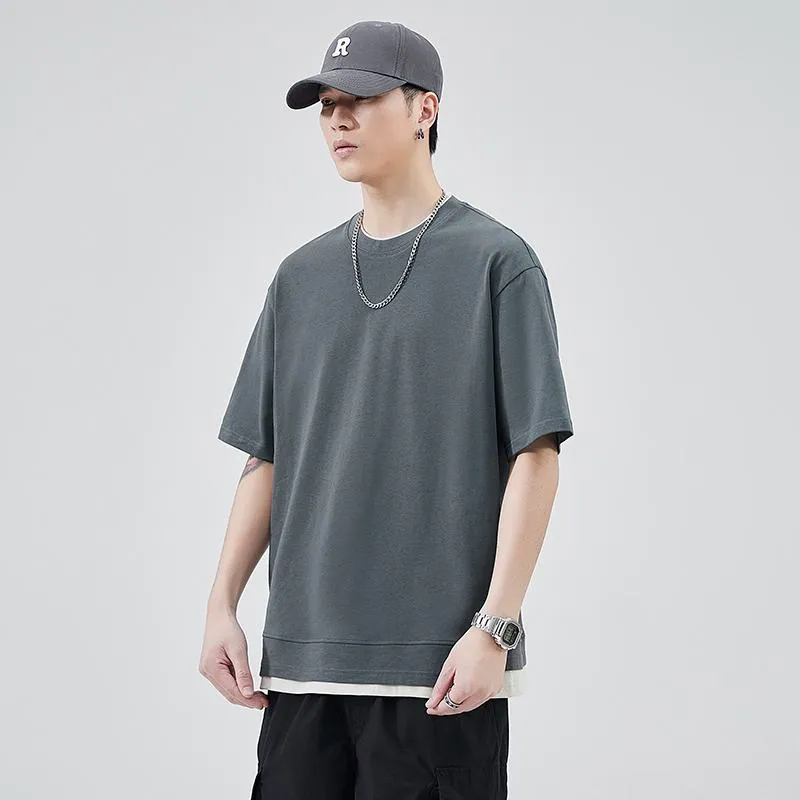 Faux Two-Piece Versatile Round Neck Simplicity Pure Cotton Short Sleeve Tee
