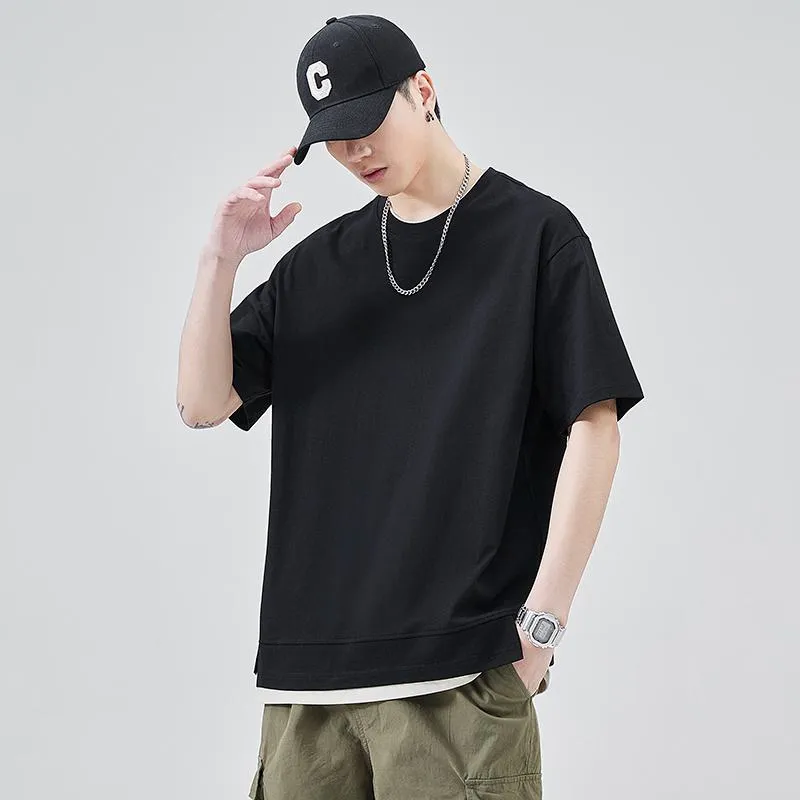Faux Two-Piece Versatile Round Neck Simplicity Pure Cotton Short Sleeve Tee