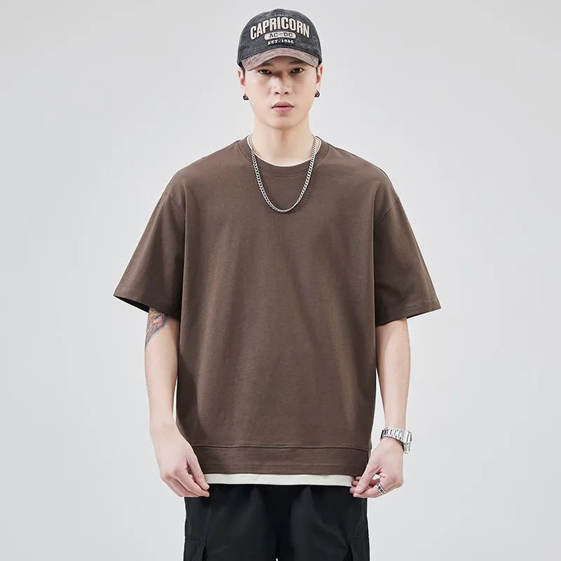 Faux Two-Piece Versatile Round Neck Simplicity Pure Cotton Short Sleeve Tee