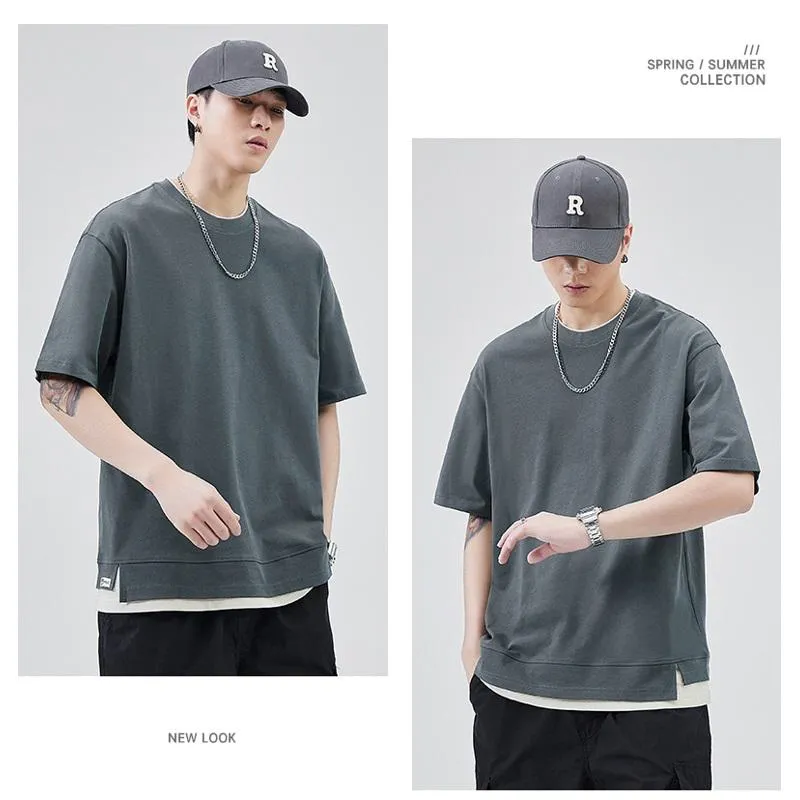 Faux Two-Piece Versatile Round Neck Simplicity Pure Cotton Short Sleeve Tee