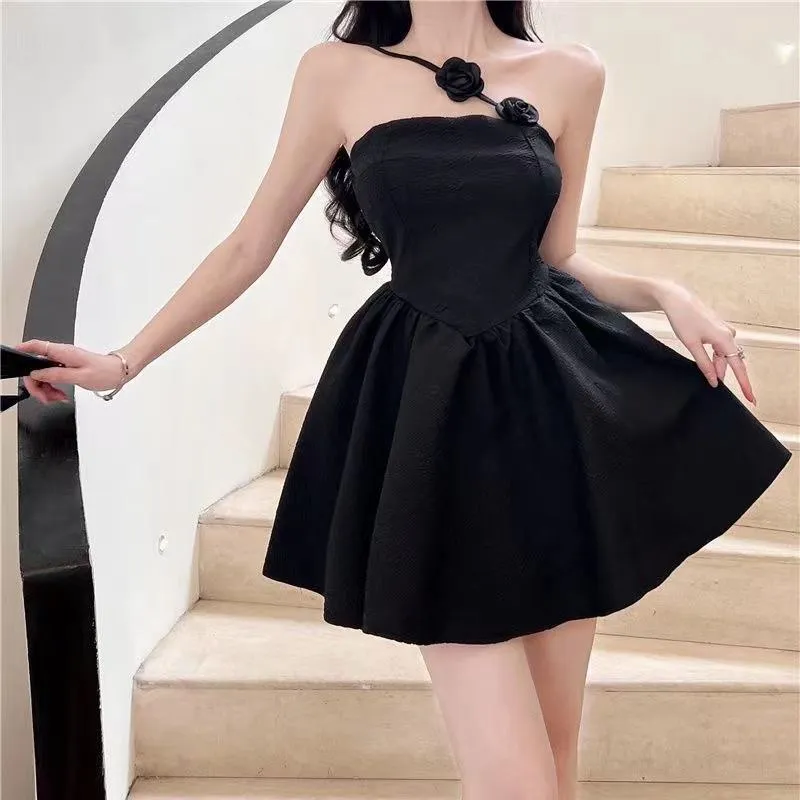 Fluffy Cinched Waist Vacation Rose Strapless Dress
