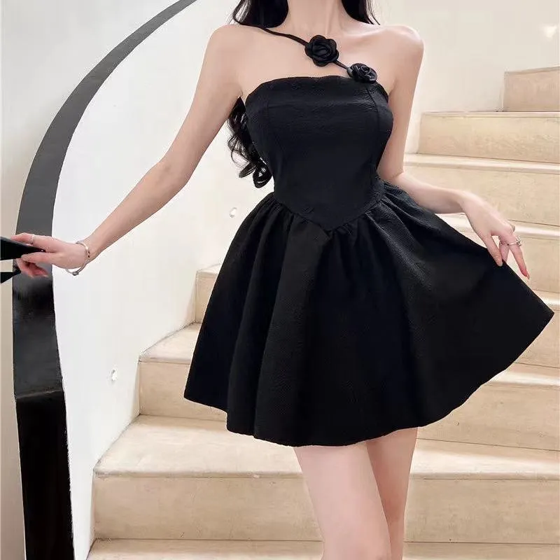 Fluffy Cinched Waist Vacation Rose Strapless Dress