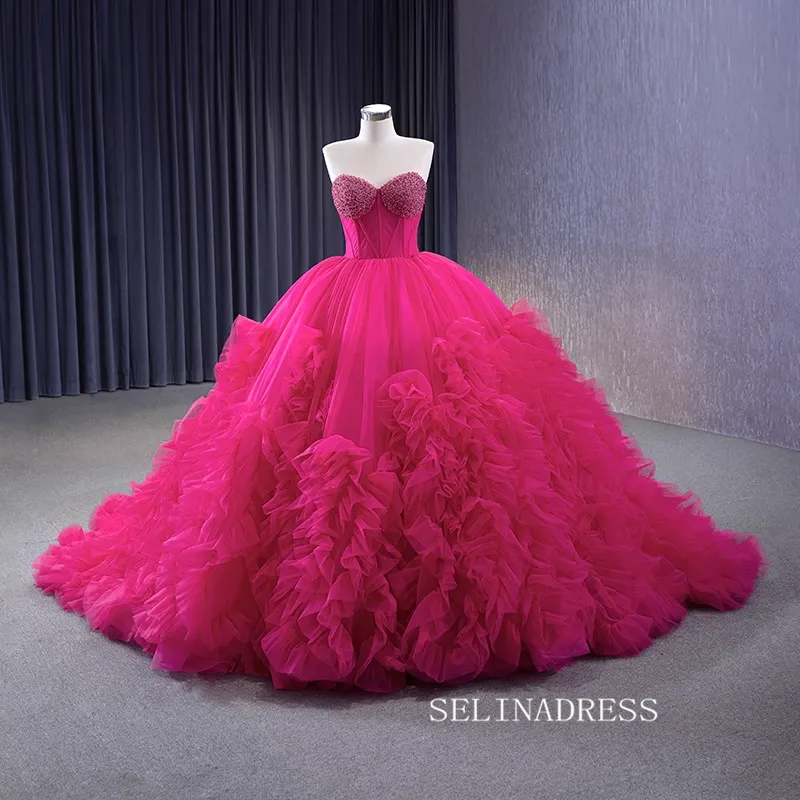 Fuchsia Sweetheart Beaded Sweet 16 Ball Gown Tiered Quinceanera Dress 231108