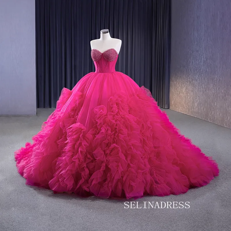 Fuchsia Sweetheart Beaded Sweet 16 Ball Gown Tiered Quinceanera Dress 231108