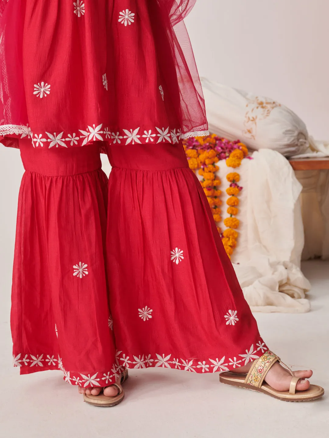 Girls Floral Embroidered Tiered Thread Work Kurta With Sharara & With Dupatta