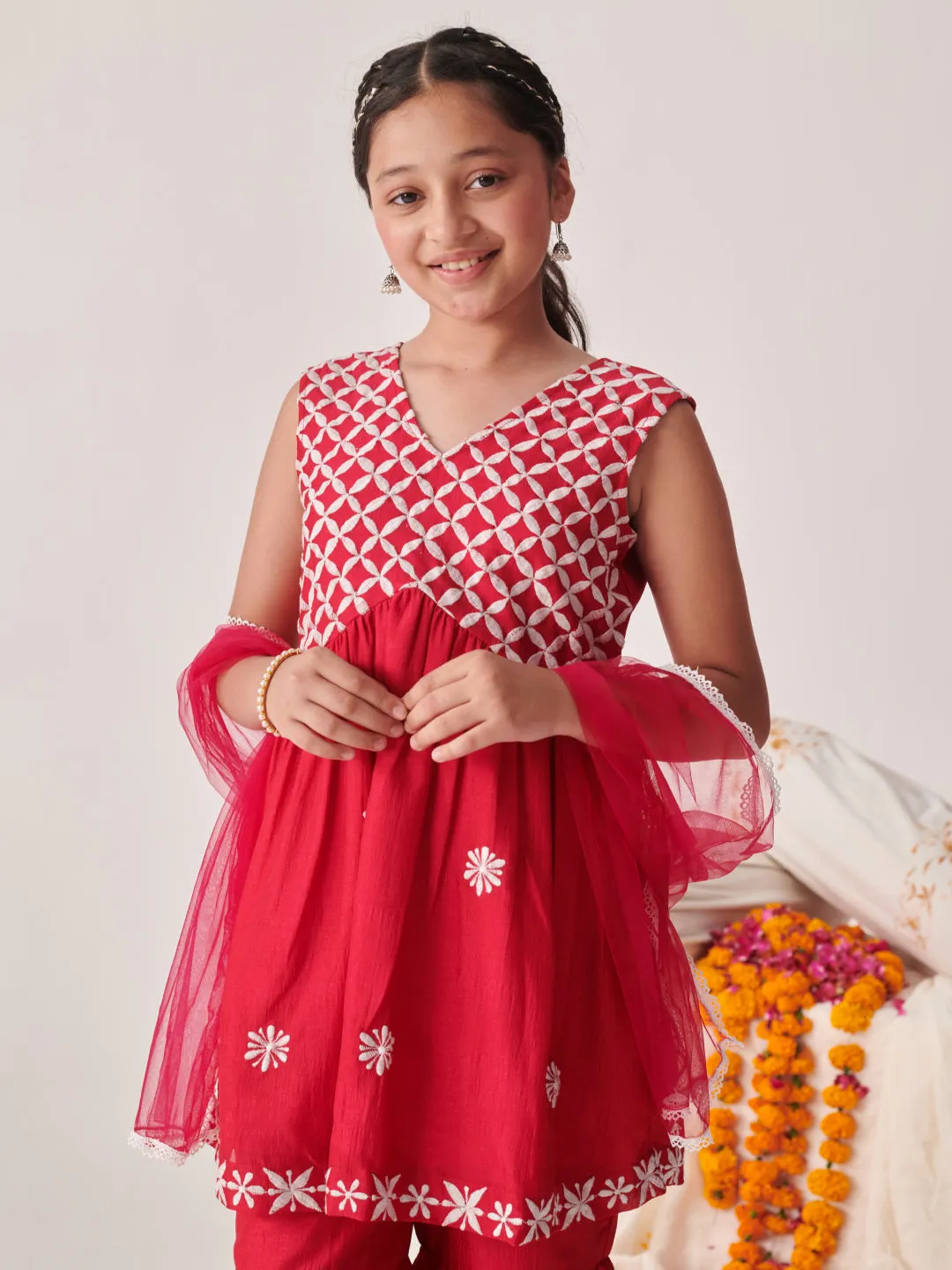 Girls Floral Embroidered Tiered Thread Work Kurta With Sharara & With Dupatta