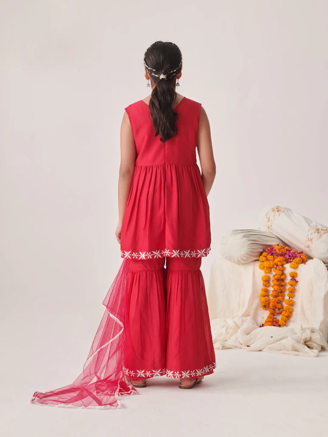 Girls Floral Embroidered Tiered Thread Work Kurta With Sharara & With Dupatta