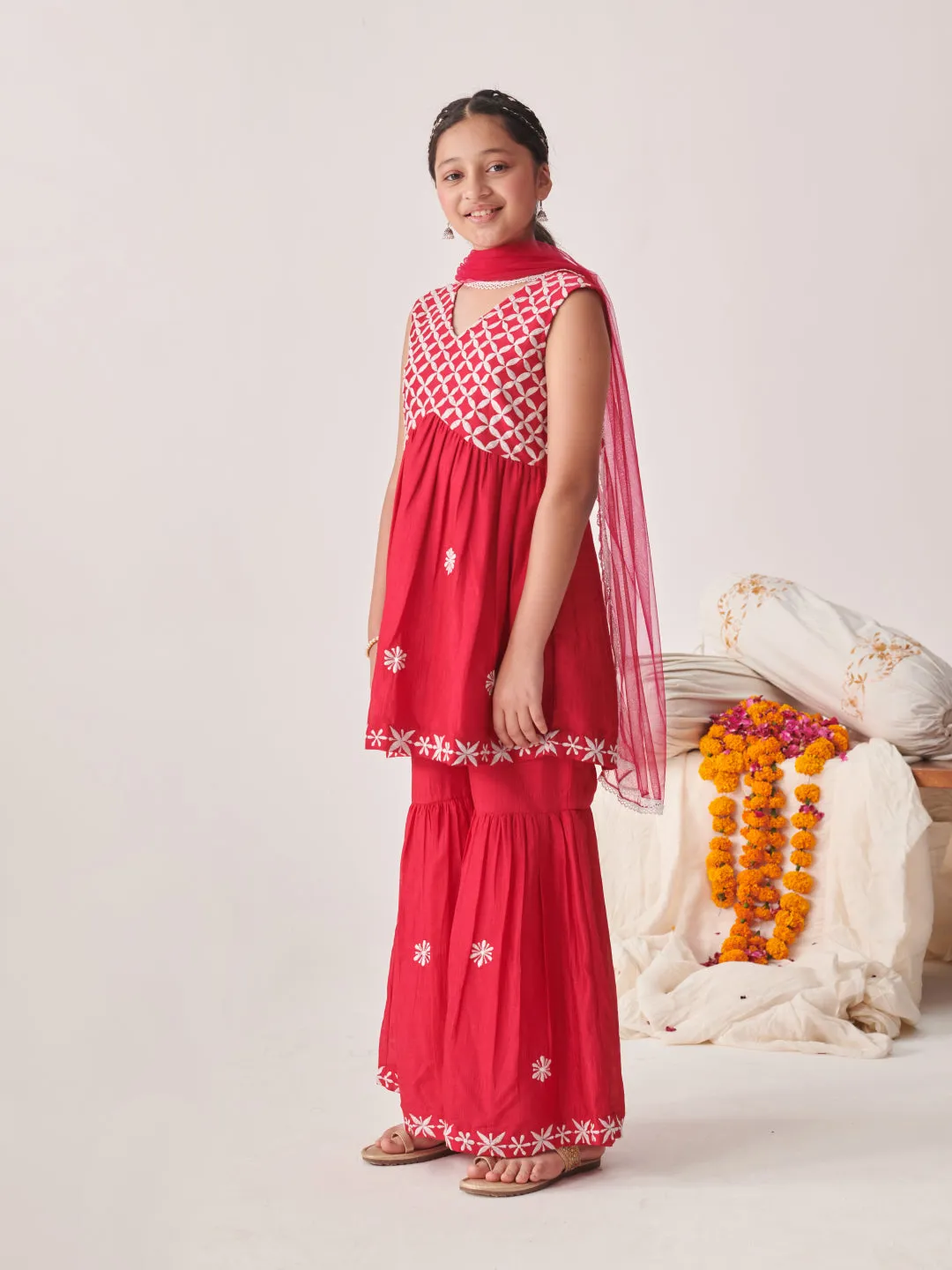 Girls Floral Embroidered Tiered Thread Work Kurta With Sharara & With Dupatta