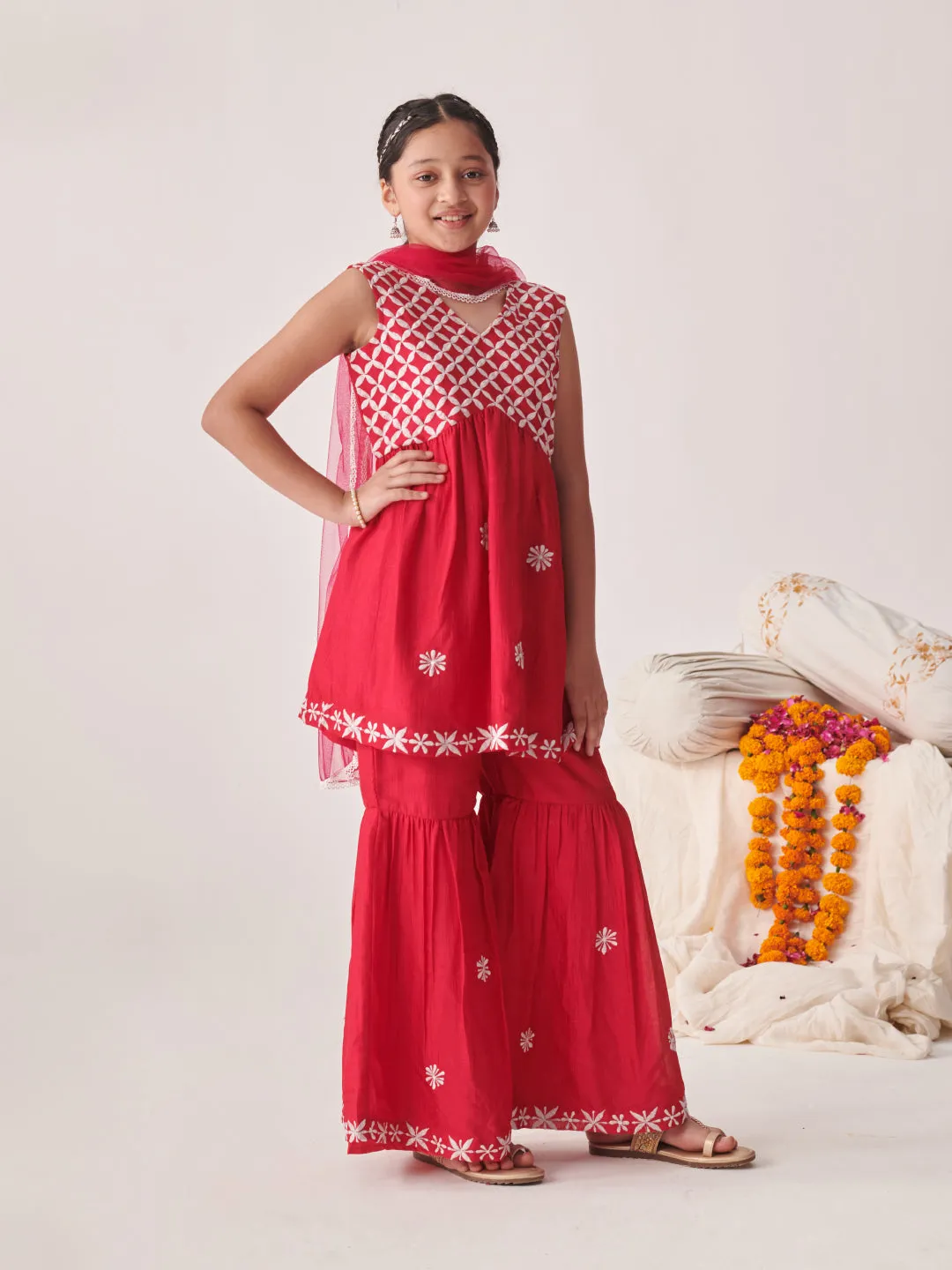 Girls Floral Embroidered Tiered Thread Work Kurta With Sharara & With Dupatta