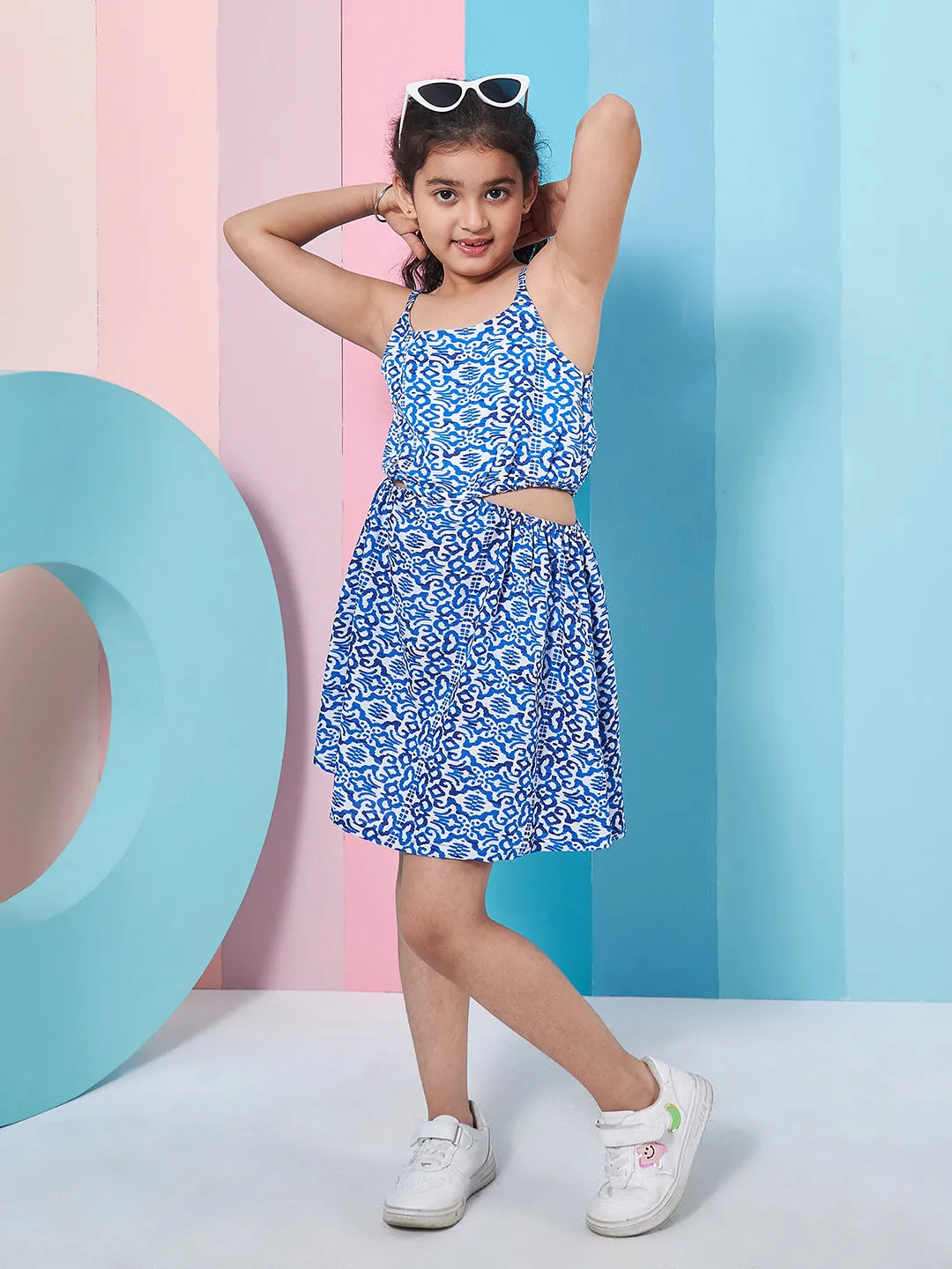 Girls Graphic Printed Cut Out Fit Flare Dress