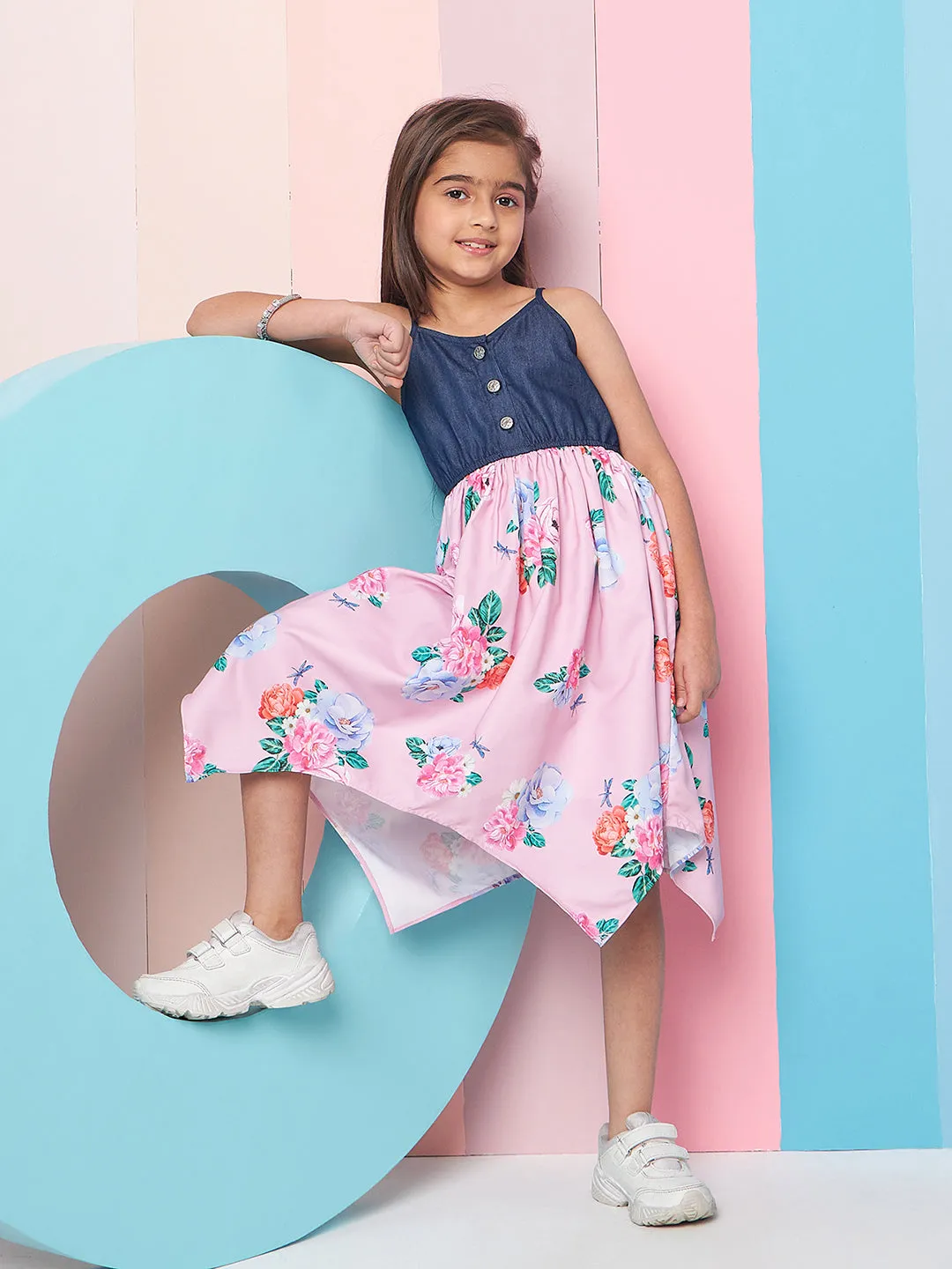 Girls Shoulder Straps Floral Print Denim A-Line Midi Dress