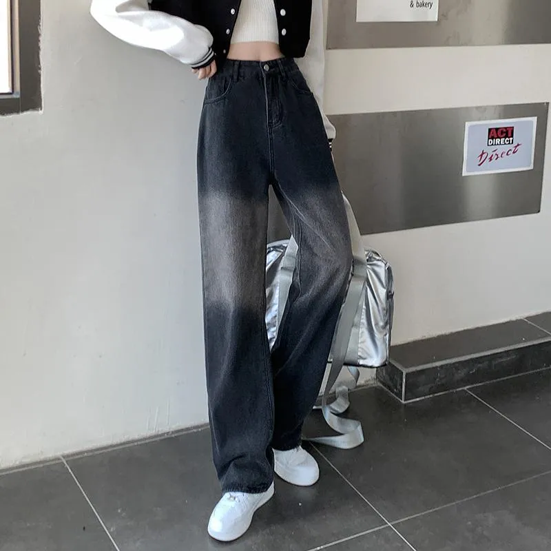 Gradient Slimming Versatile Black Washed High-Waisted Straight Jeans