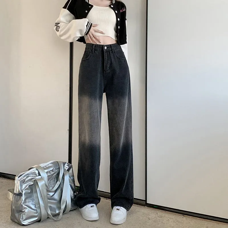 Gradient Slimming Versatile Black Washed High-Waisted Straight Jeans