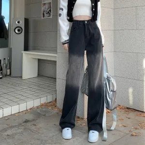 Gradient Slimming Versatile Black Washed High-Waisted Straight Jeans