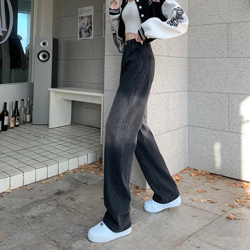 Gradient Slimming Versatile Black Washed High-Waisted Straight Jeans