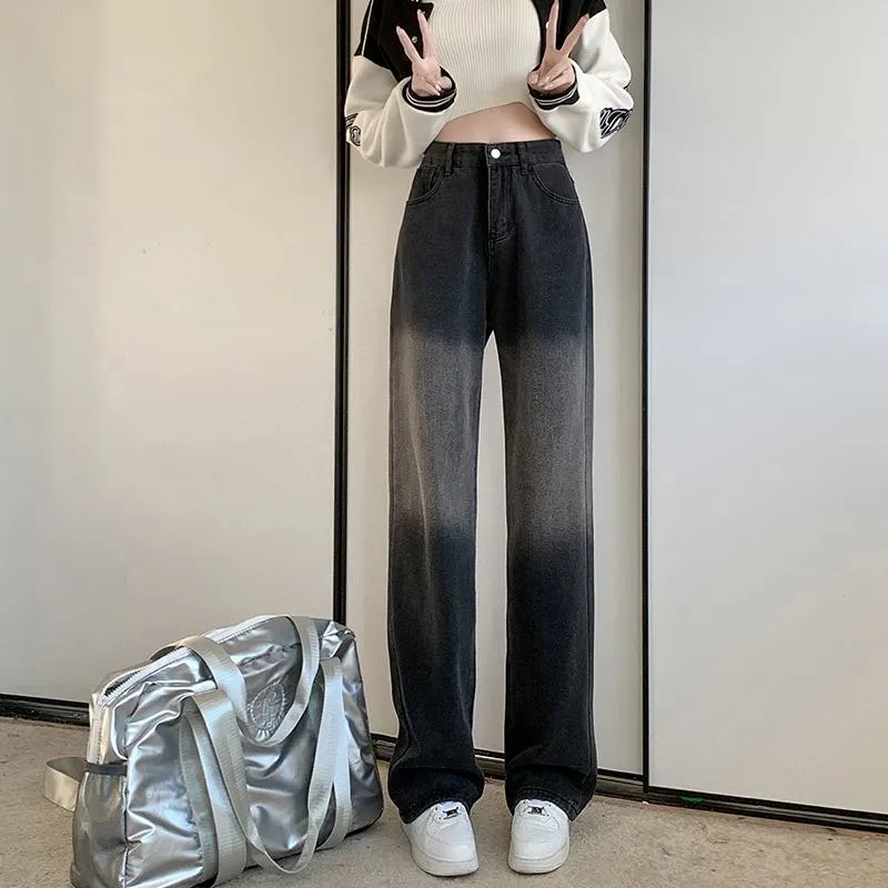 Gradient Slimming Versatile Black Washed High-Waisted Straight Jeans