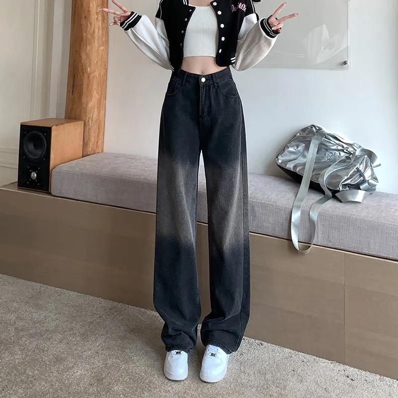 Gradient Slimming Versatile Black Washed High-Waisted Straight Jeans