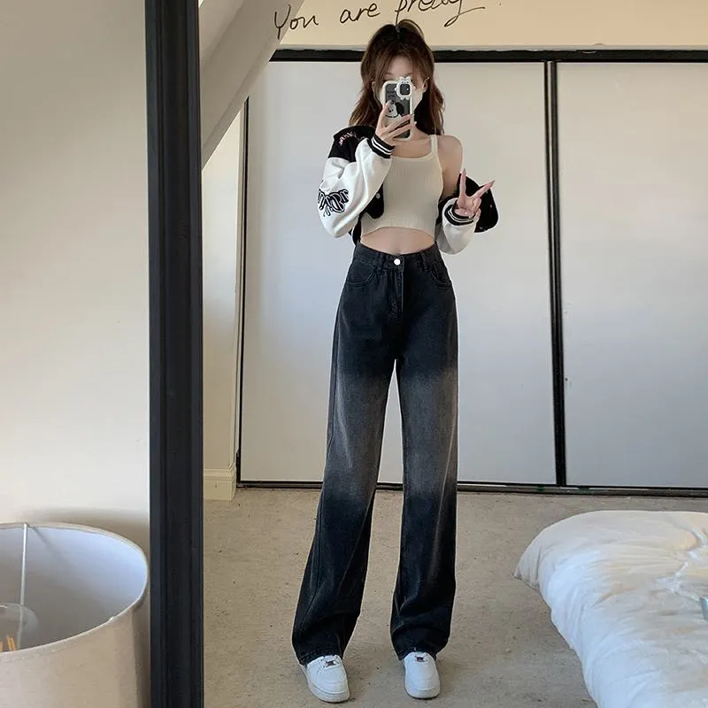 Gradient Slimming Versatile Black Washed High-Waisted Straight Jeans