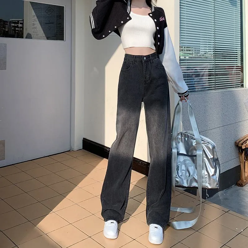 Gradient Slimming Versatile Black Washed High-Waisted Straight Jeans