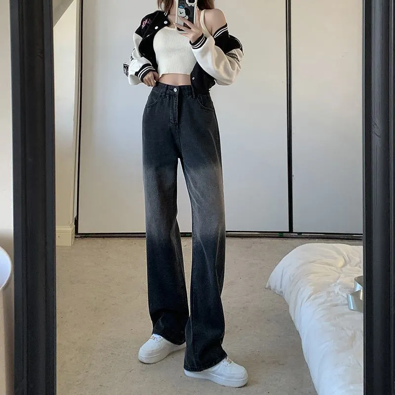 Gradient Slimming Versatile Black Washed High-Waisted Straight Jeans