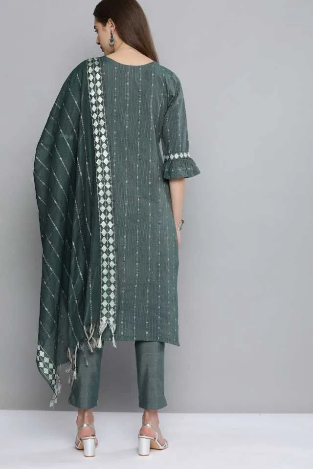 Green Pure Cotton Handloom Unstitched Dress Material for Ladies