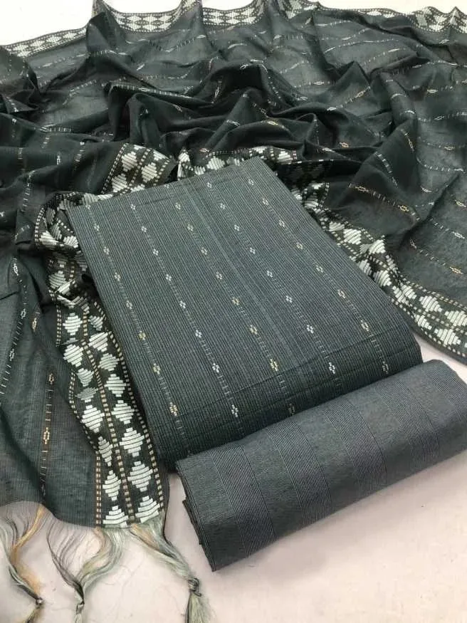 Green Pure Cotton Handloom Unstitched Dress Material for Ladies