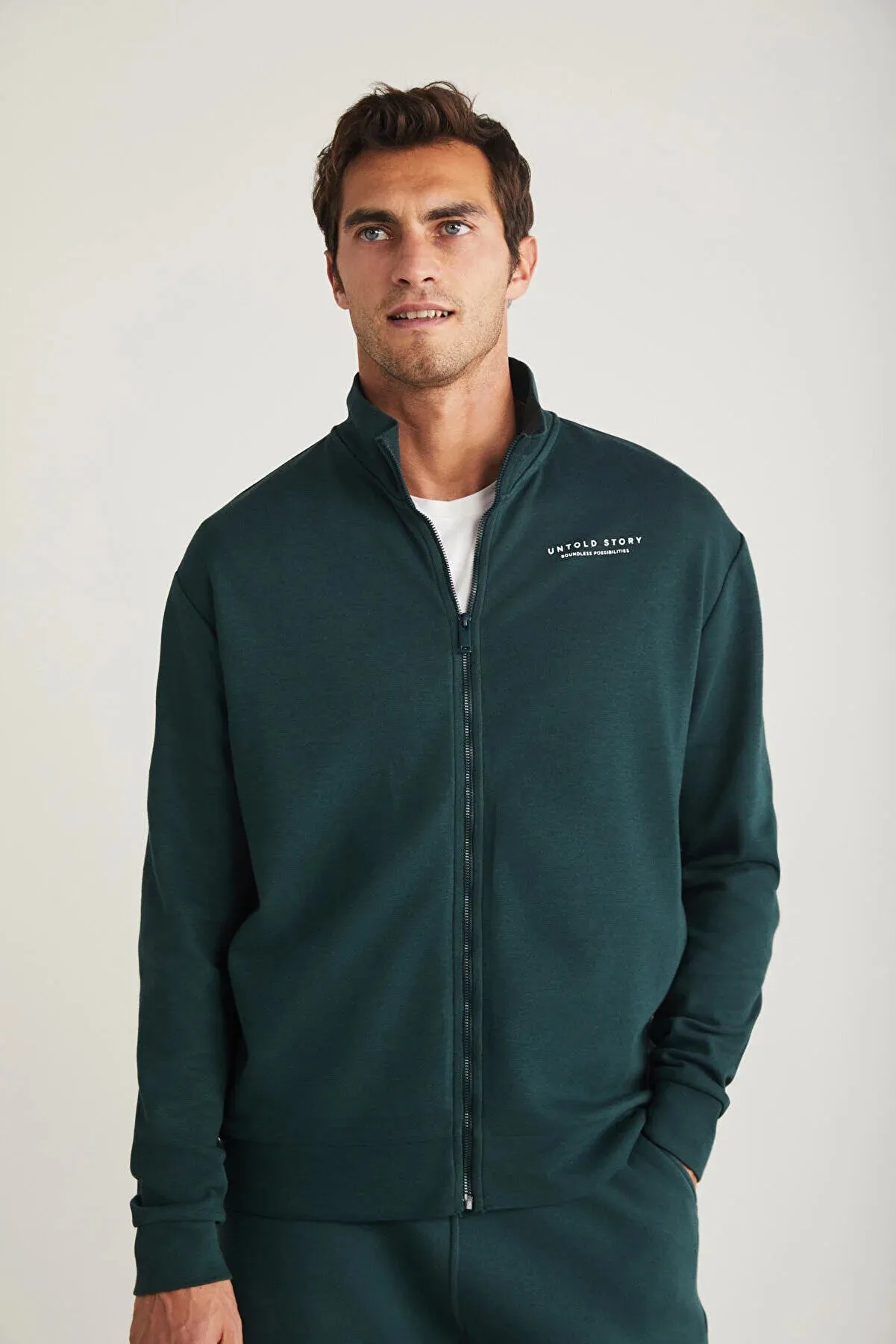 Grimelange Men's Dark Green Zippered Printed Daily Jacket