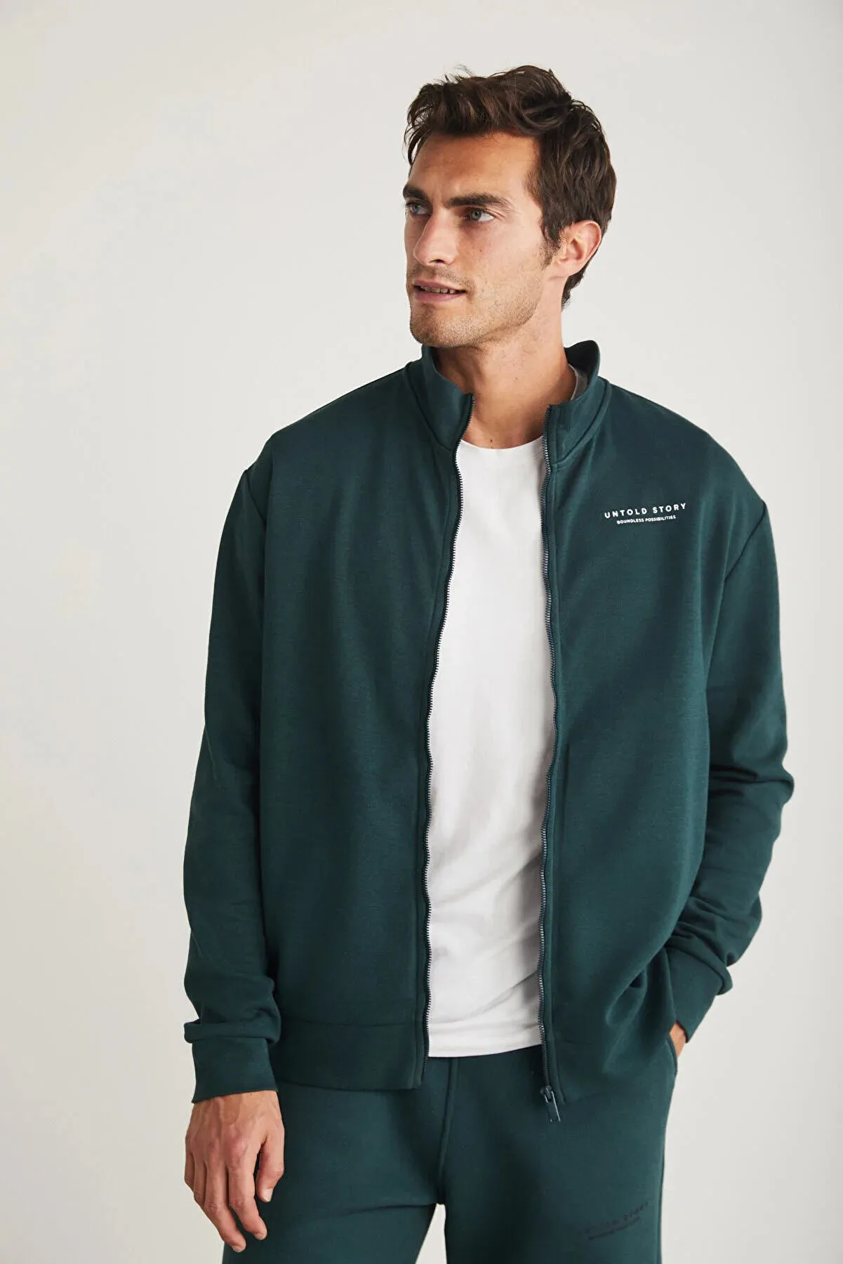 Grimelange Men's Dark Green Zippered Printed Daily Jacket