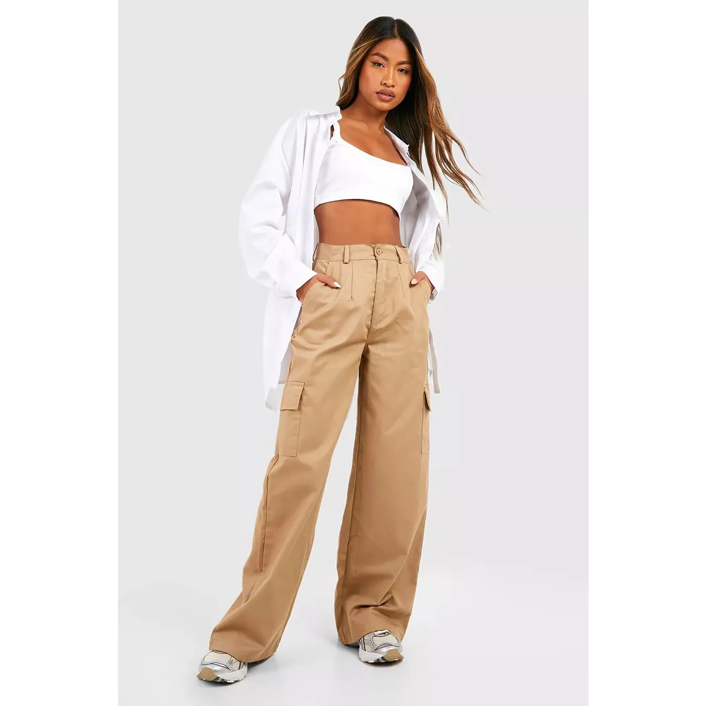 High Waist Beige Cargo Trousers