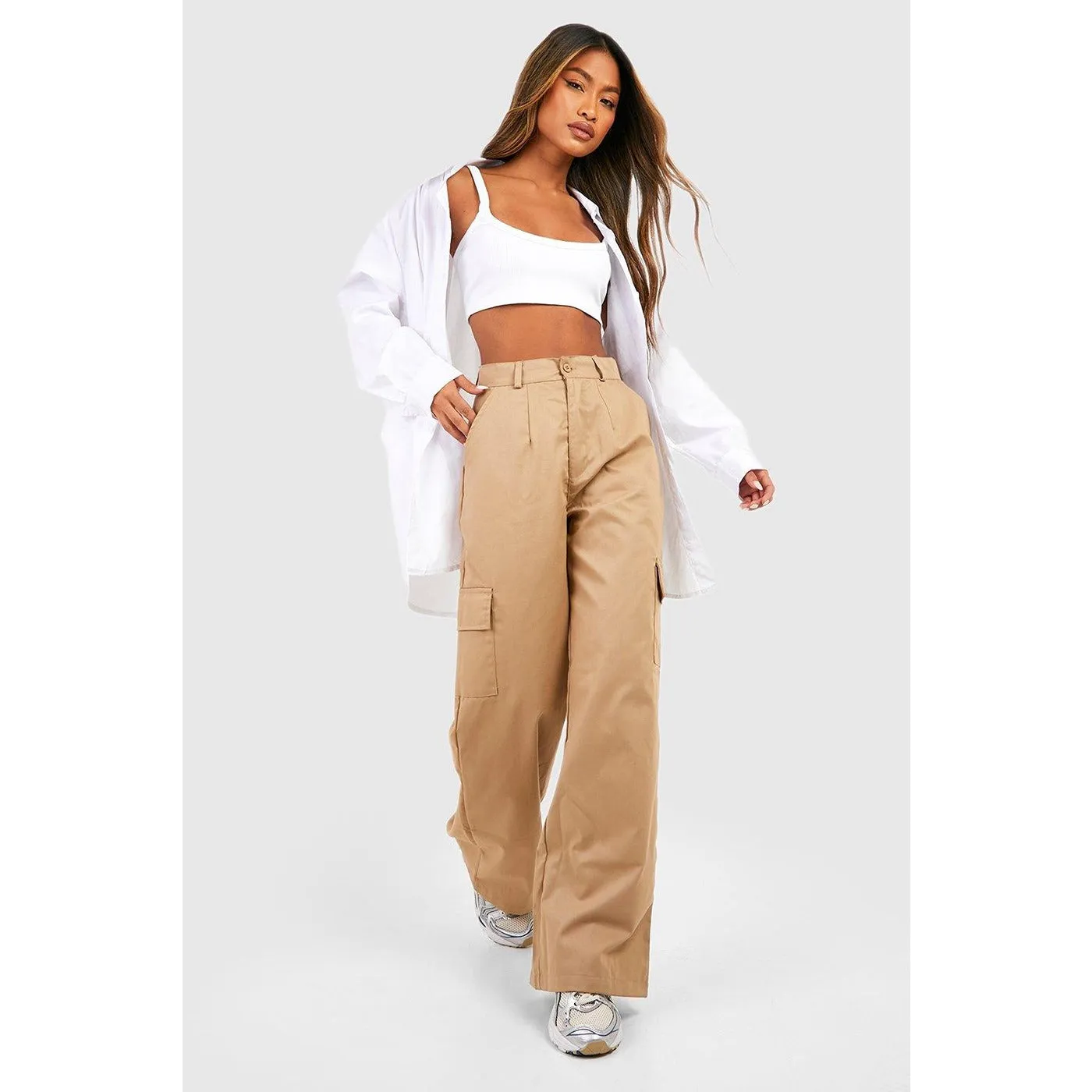 High Waist Beige Cargo Trousers