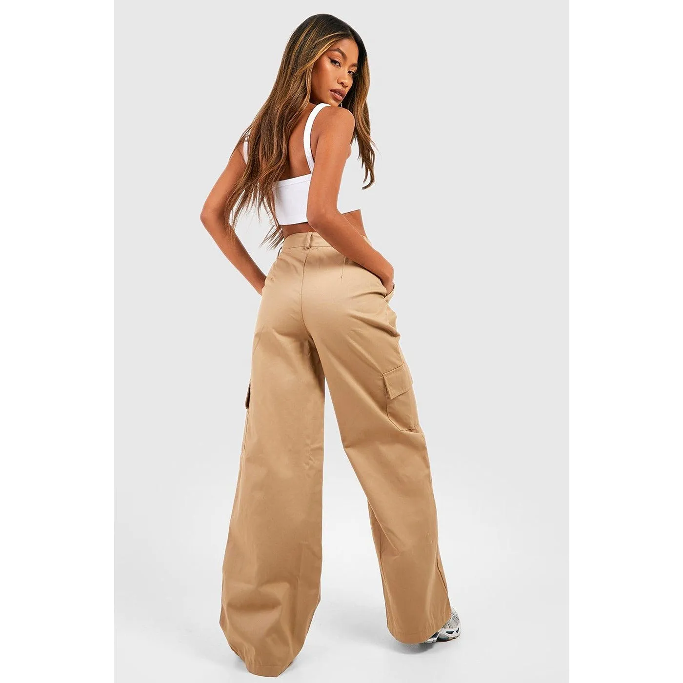 High Waist Beige Cargo Trousers