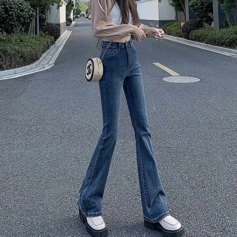 High-Waisted Draping Floor-Length Elasticity Straight Slim-Fit Jeans