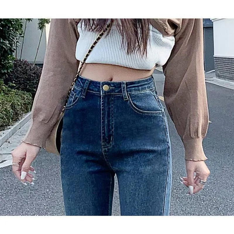 High-Waisted Draping Floor-Length Elasticity Straight Slim-Fit Jeans