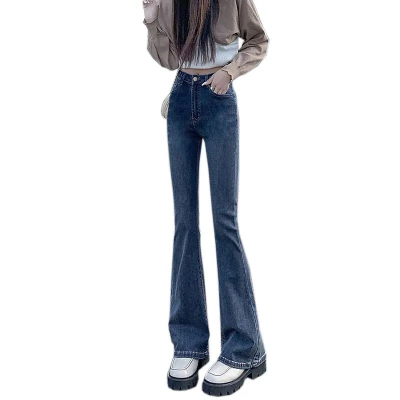 High-Waisted Draping Floor-Length Elasticity Straight Slim-Fit Jeans
