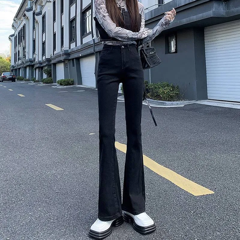 High-Waisted Draping Floor-Length Elasticity Straight Slim-Fit Jeans