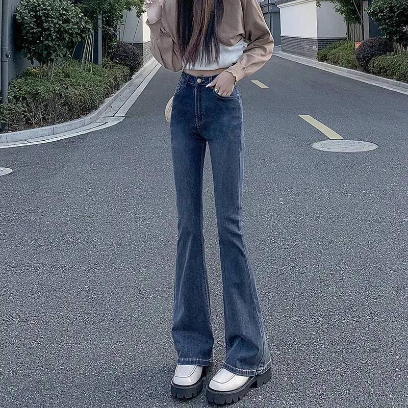 High-Waisted Draping Floor-Length Elasticity Straight Slim-Fit Jeans