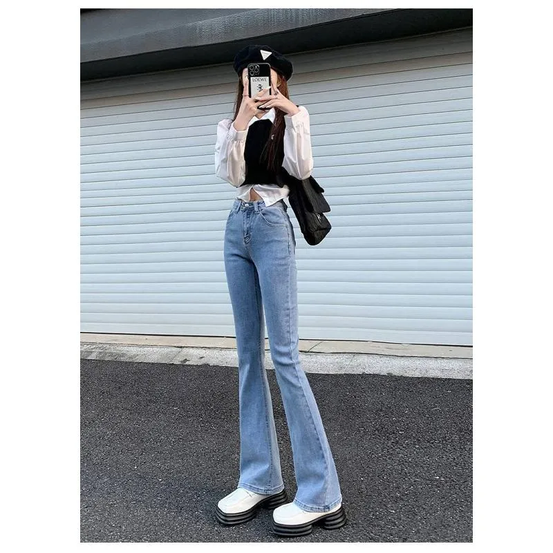 High-Waisted Draping Floor-Length Elasticity Straight Slim-Fit Jeans