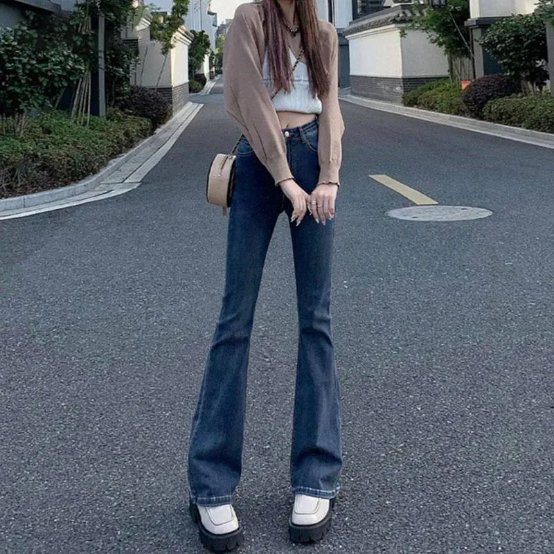 High-Waisted Draping Floor-Length Elasticity Straight Slim-Fit Jeans