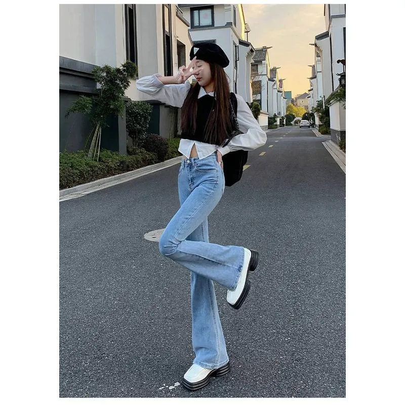 High-Waisted Draping Floor-Length Elasticity Straight Slim-Fit Jeans