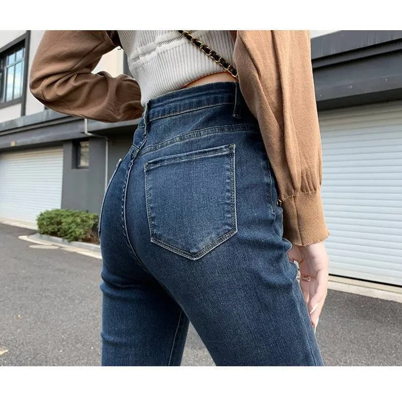 High-Waisted Draping Floor-Length Elasticity Straight Slim-Fit Jeans